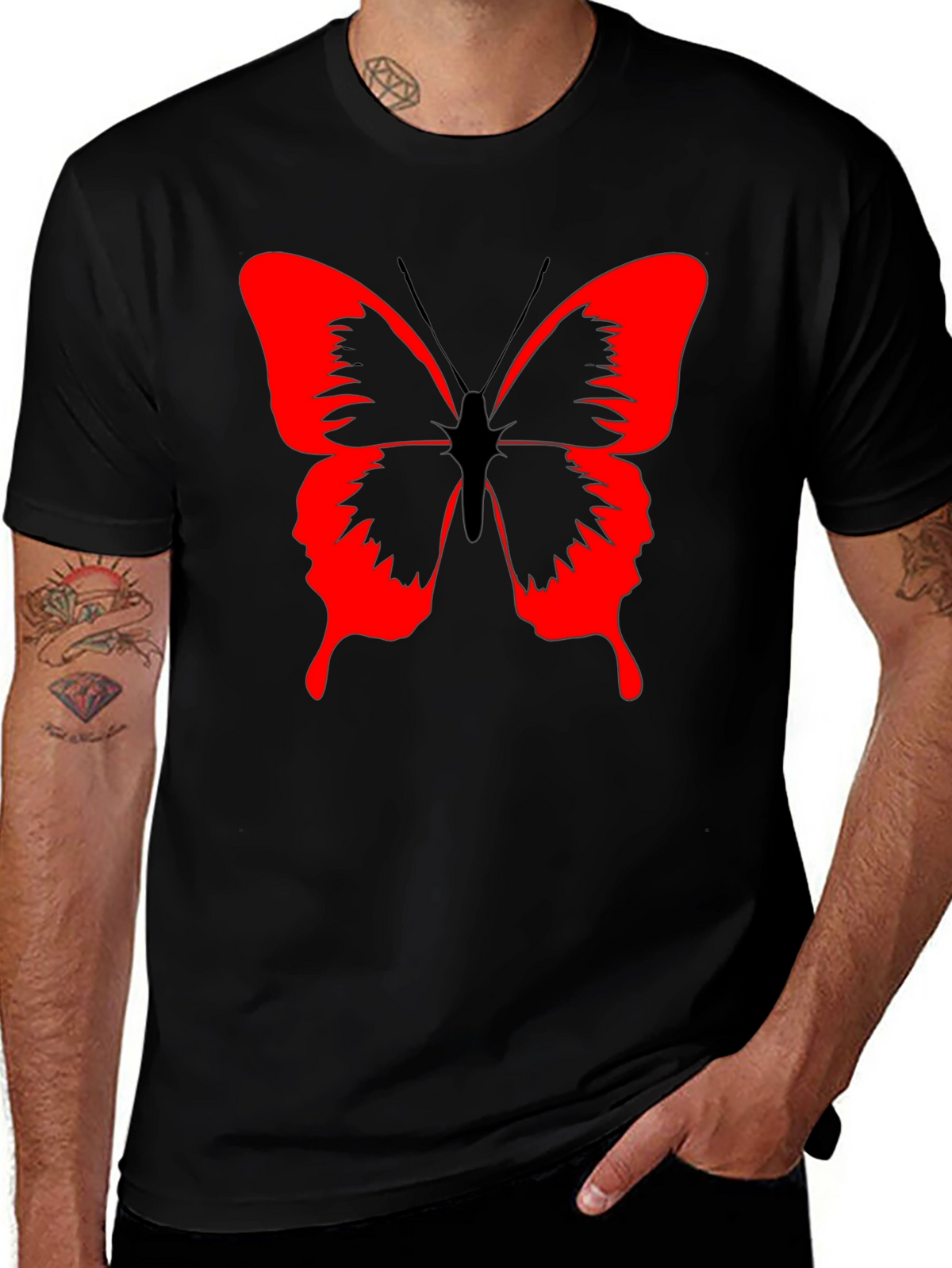 Butterfly Graphic Black T-Shirt - Bold Red Design