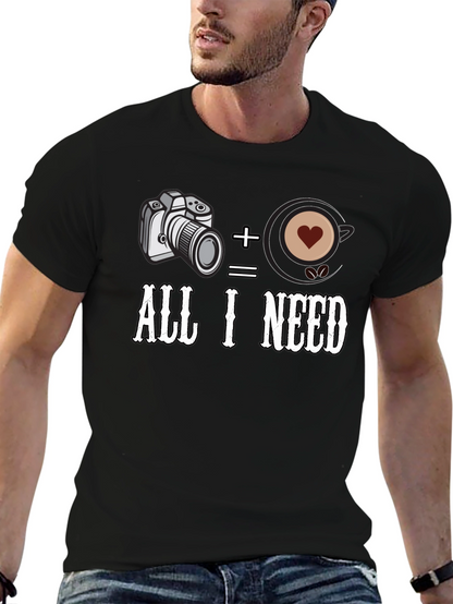 Camera + Coffee = All I Need Black T-Shirt
