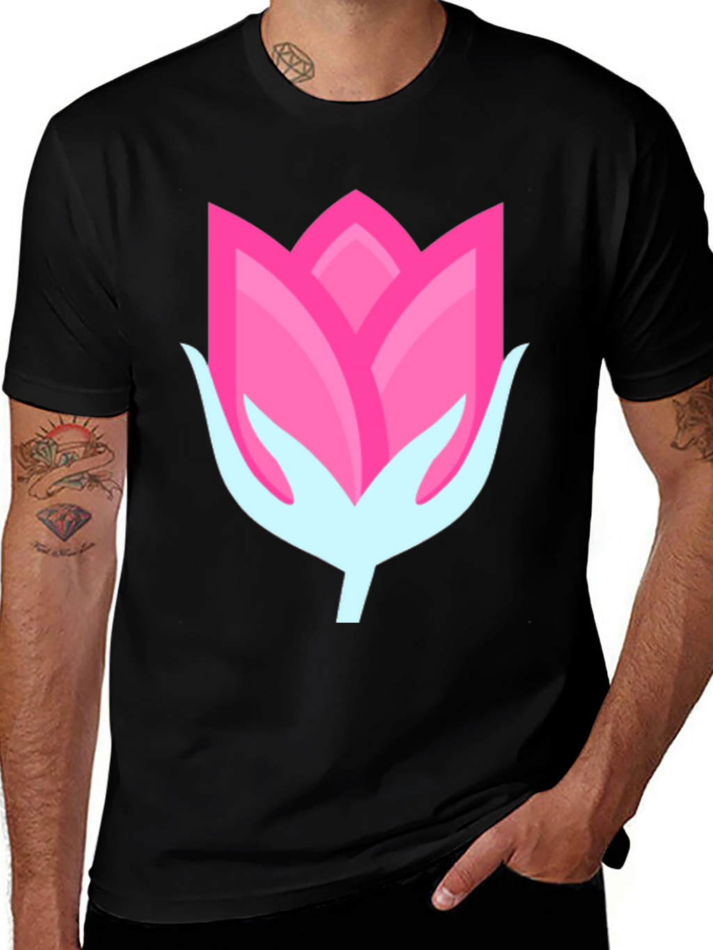 Pink Flower Graphic Black T-Shirt