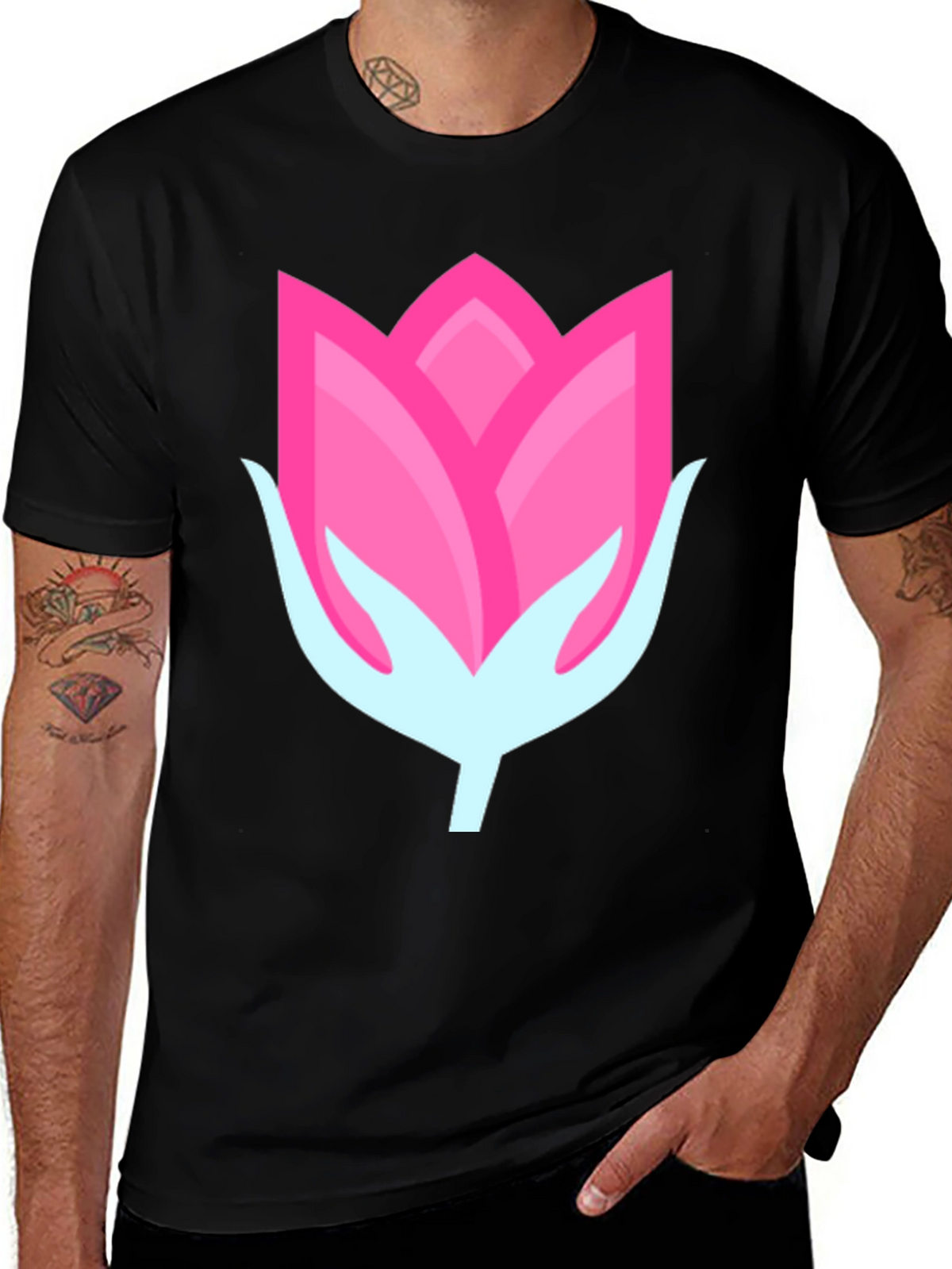 Pink Flower Graphic Black T-Shirt