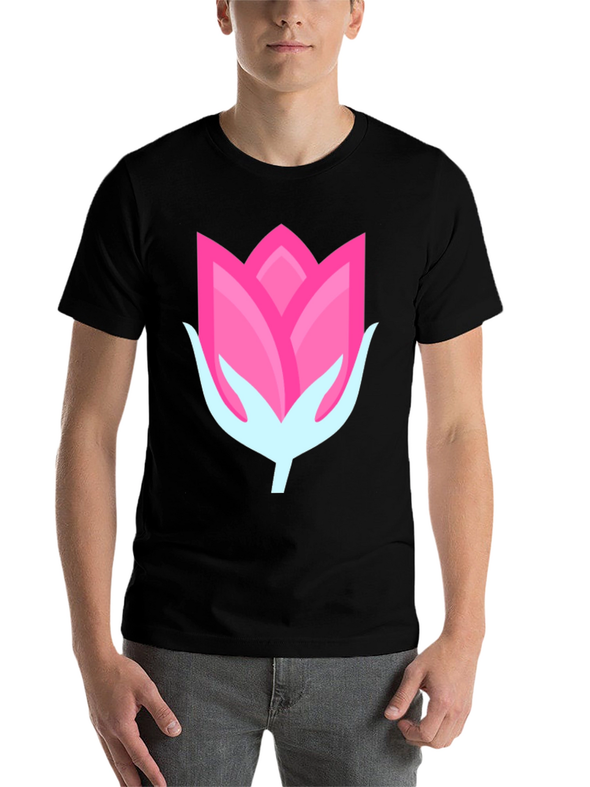 Pink Flower Graphic Black T-Shirt