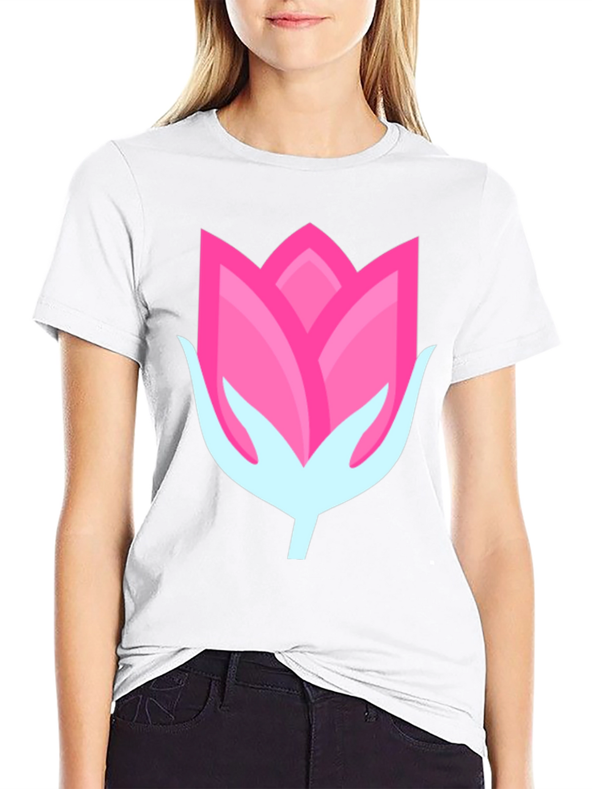 Pink Flower Graphic Black T-Shirt
