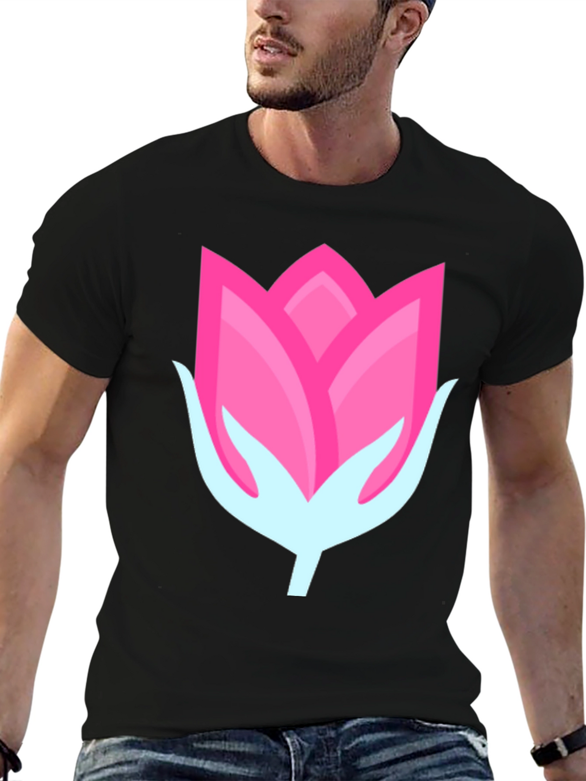 Pink Flower Graphic Black T-Shirt