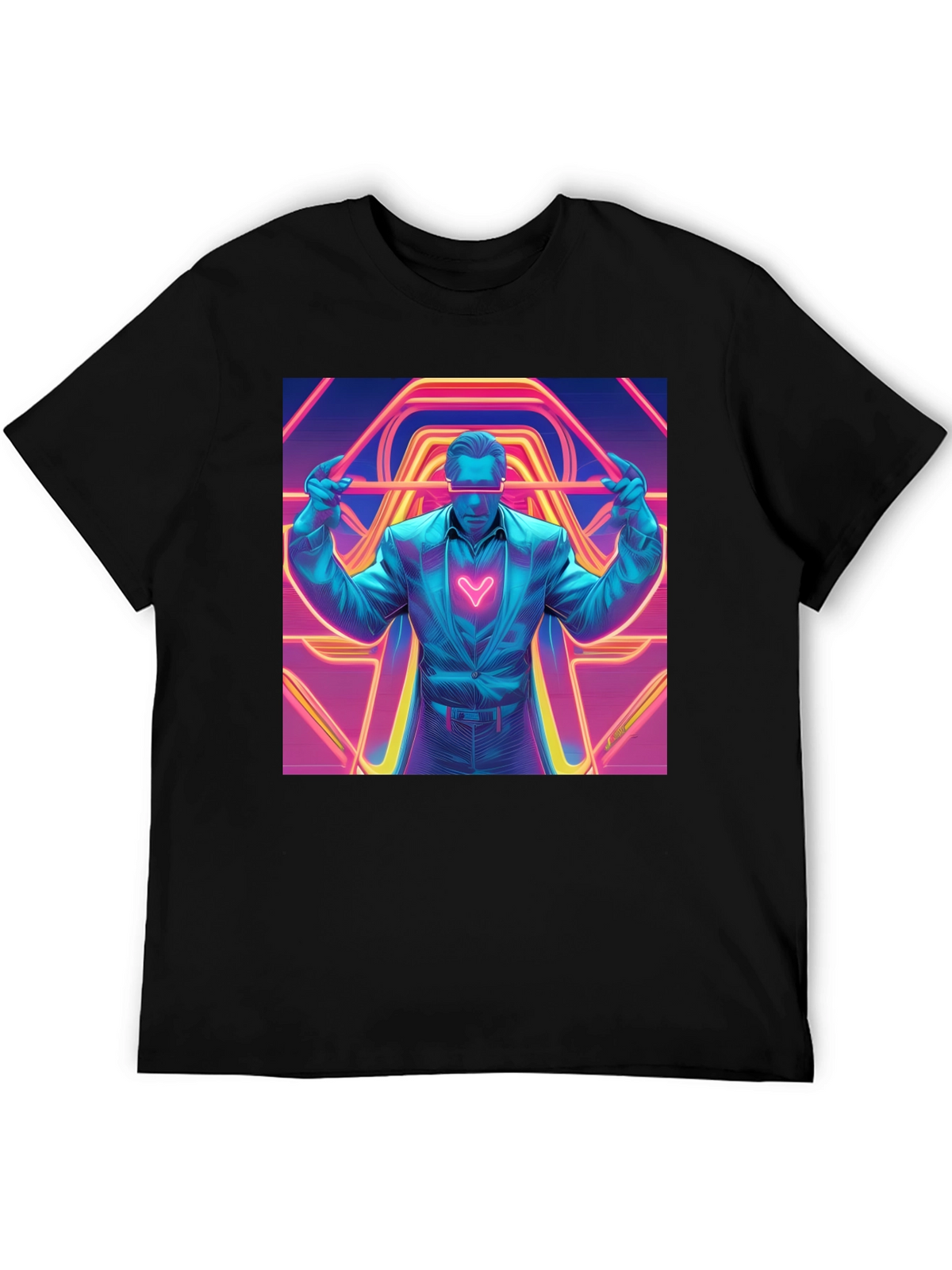 Retro Synthwave Neon Heart Graphic Tee - Black