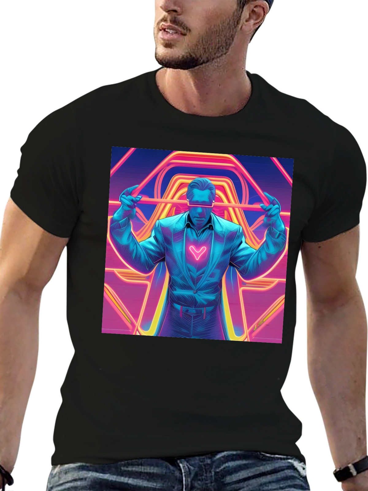 Retro Synthwave Neon Heart Graphic Tee - Black