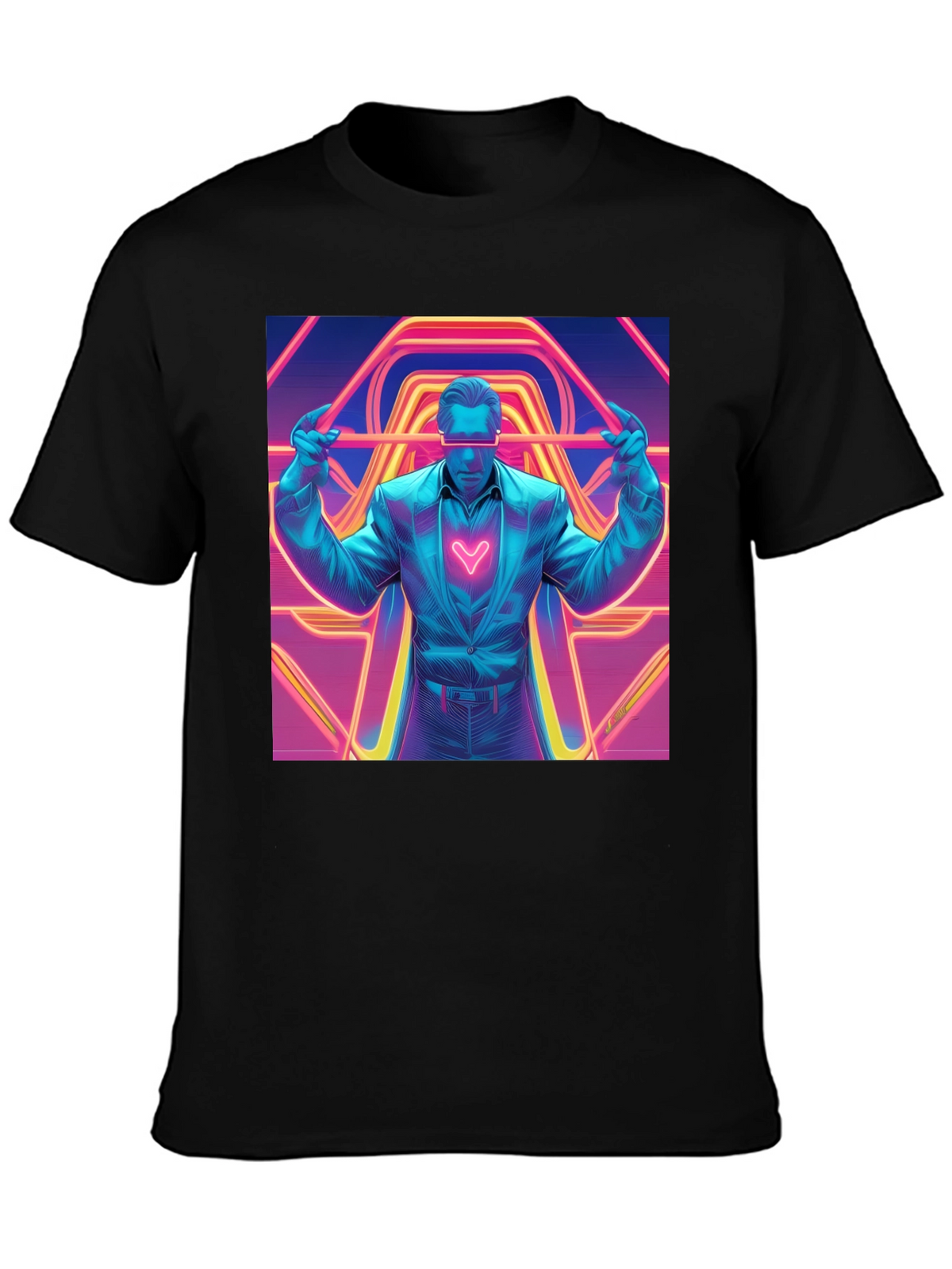 Retro Synthwave Neon Heart Graphic Tee - Black