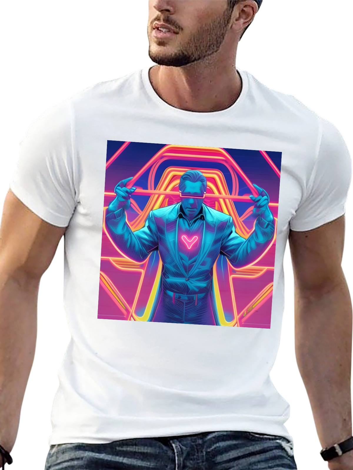 Retro Synthwave Neon Heart Graphic Tee - Black