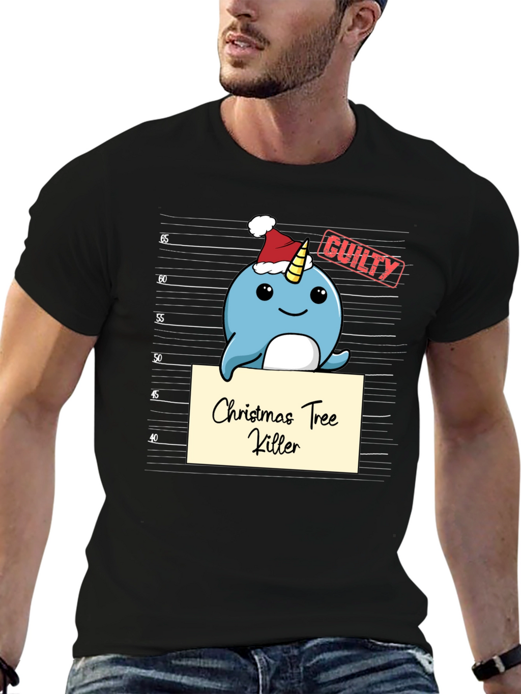 Christmas Tree Killer Narwhal Mugshot T-Shirt