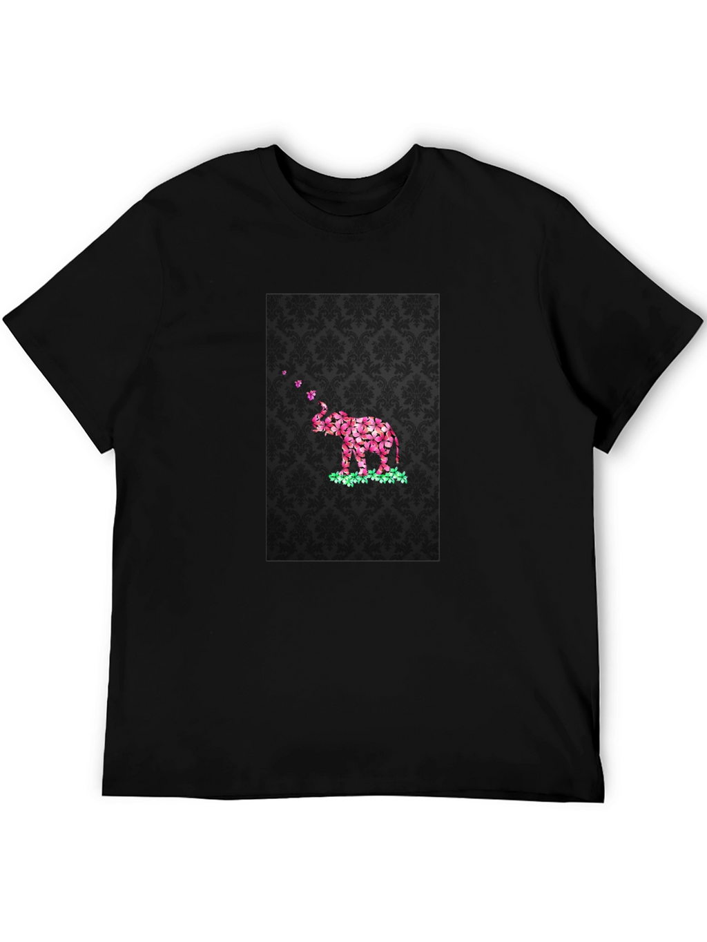 Floral Elephant Graphic Print Black T-Shirt