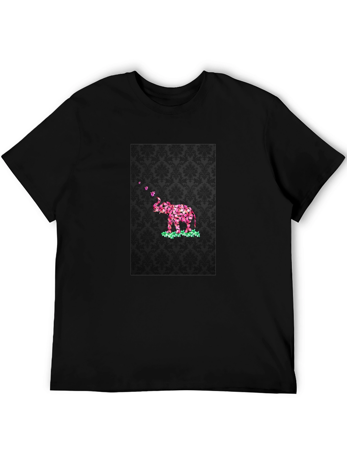 Floral Elephant Graphic Print Black T-Shirt