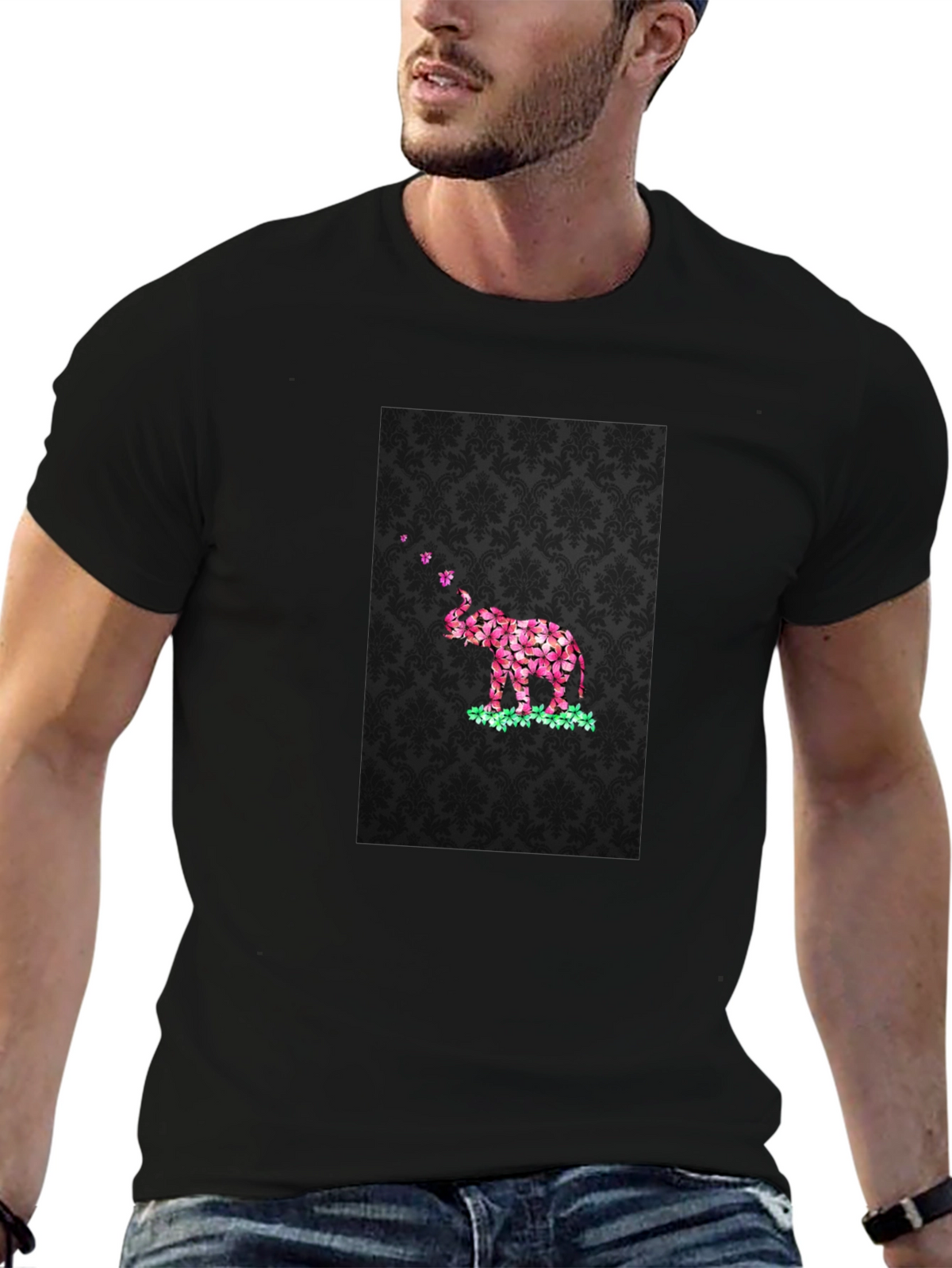 Floral Elephant Graphic Print Black T-Shirt