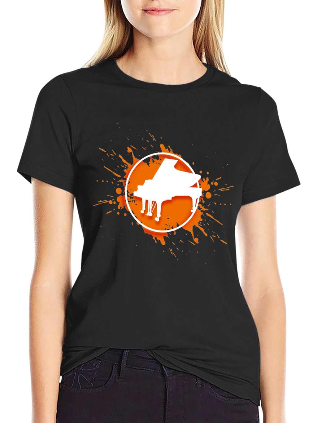 Piano Splatter Graphic Tee - Black Cotton Casual Shirt