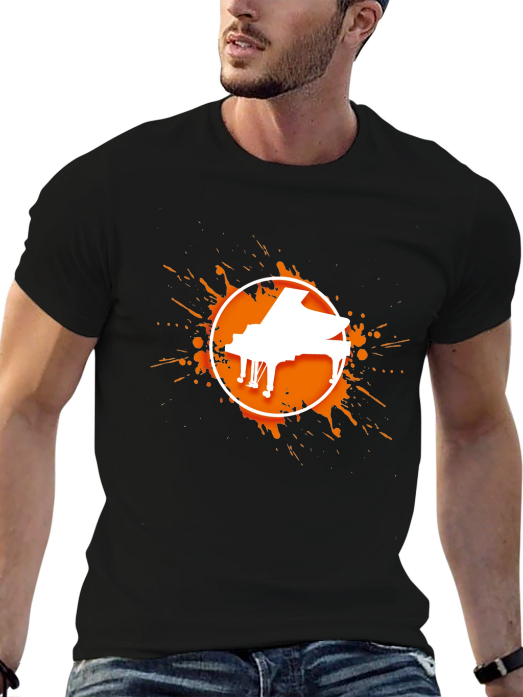 Piano Splatter Graphic Tee - Black Cotton Casual Shirt