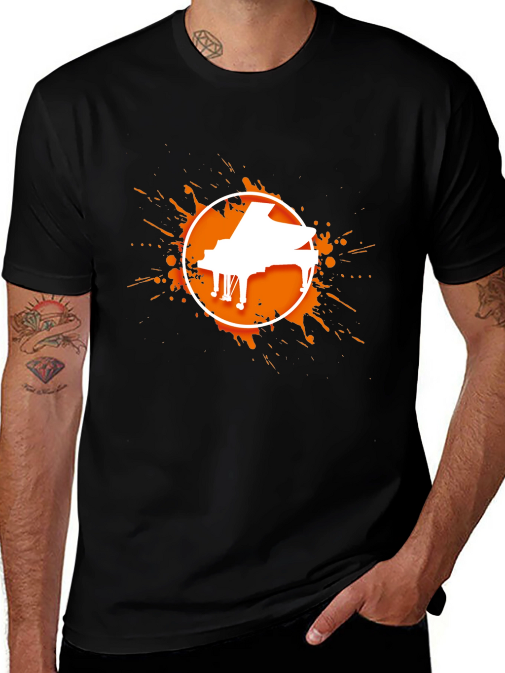 Piano Splatter Graphic Tee - Black Cotton Casual Shirt