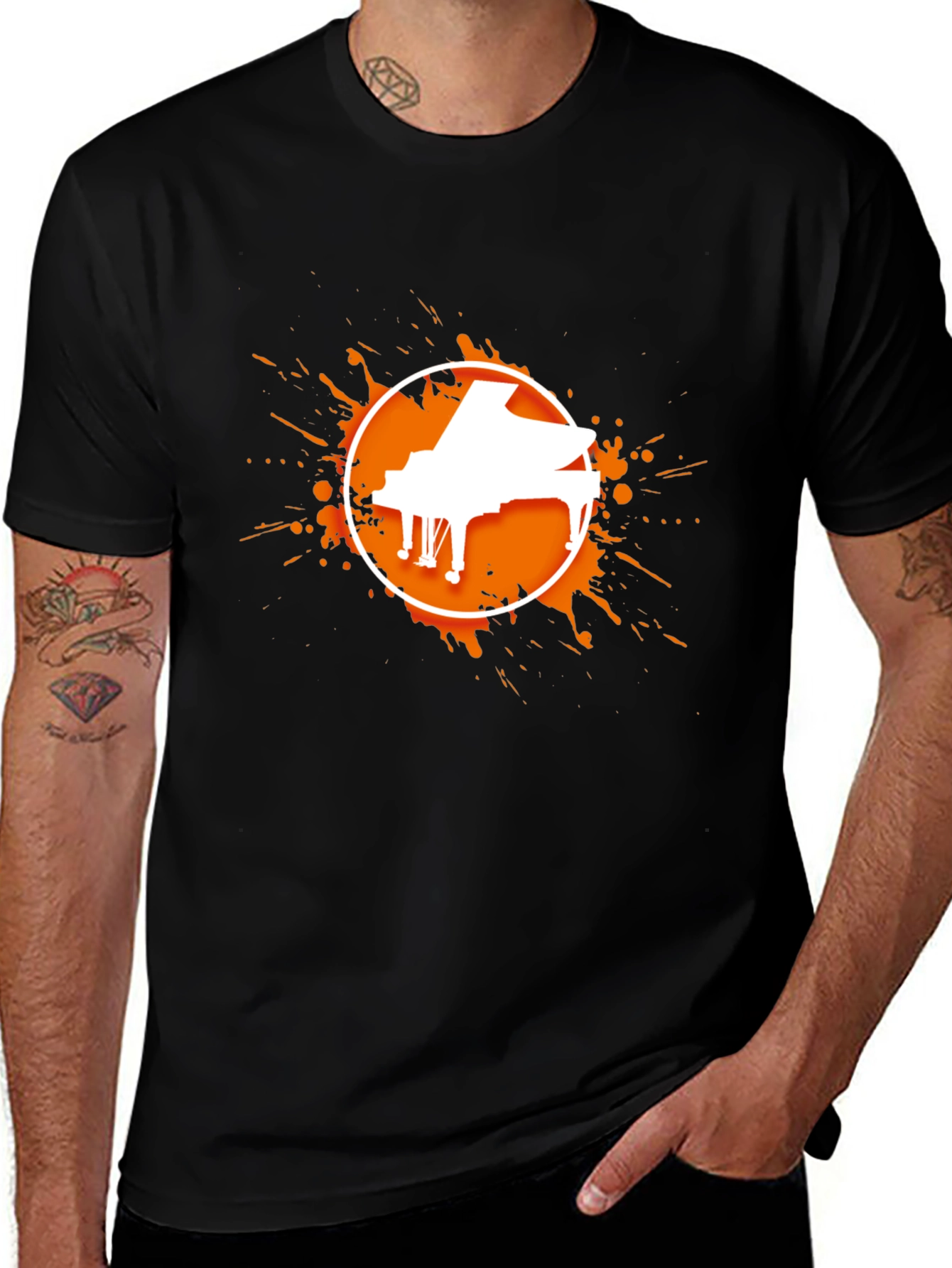 Piano Splatter Graphic Tee - Black Cotton Casual Shirt