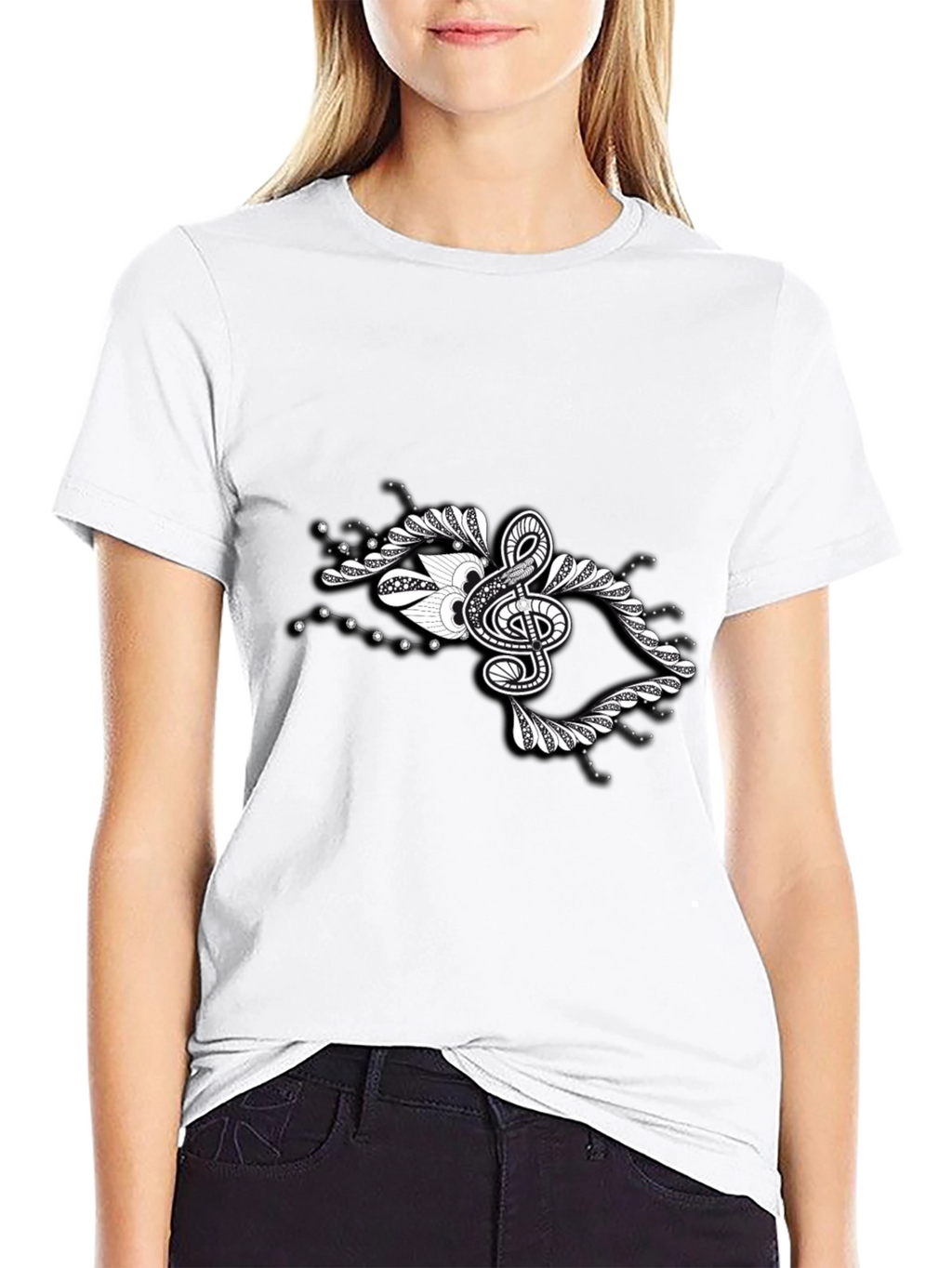 Stylish Black Tee with Music Note Graphic Design
