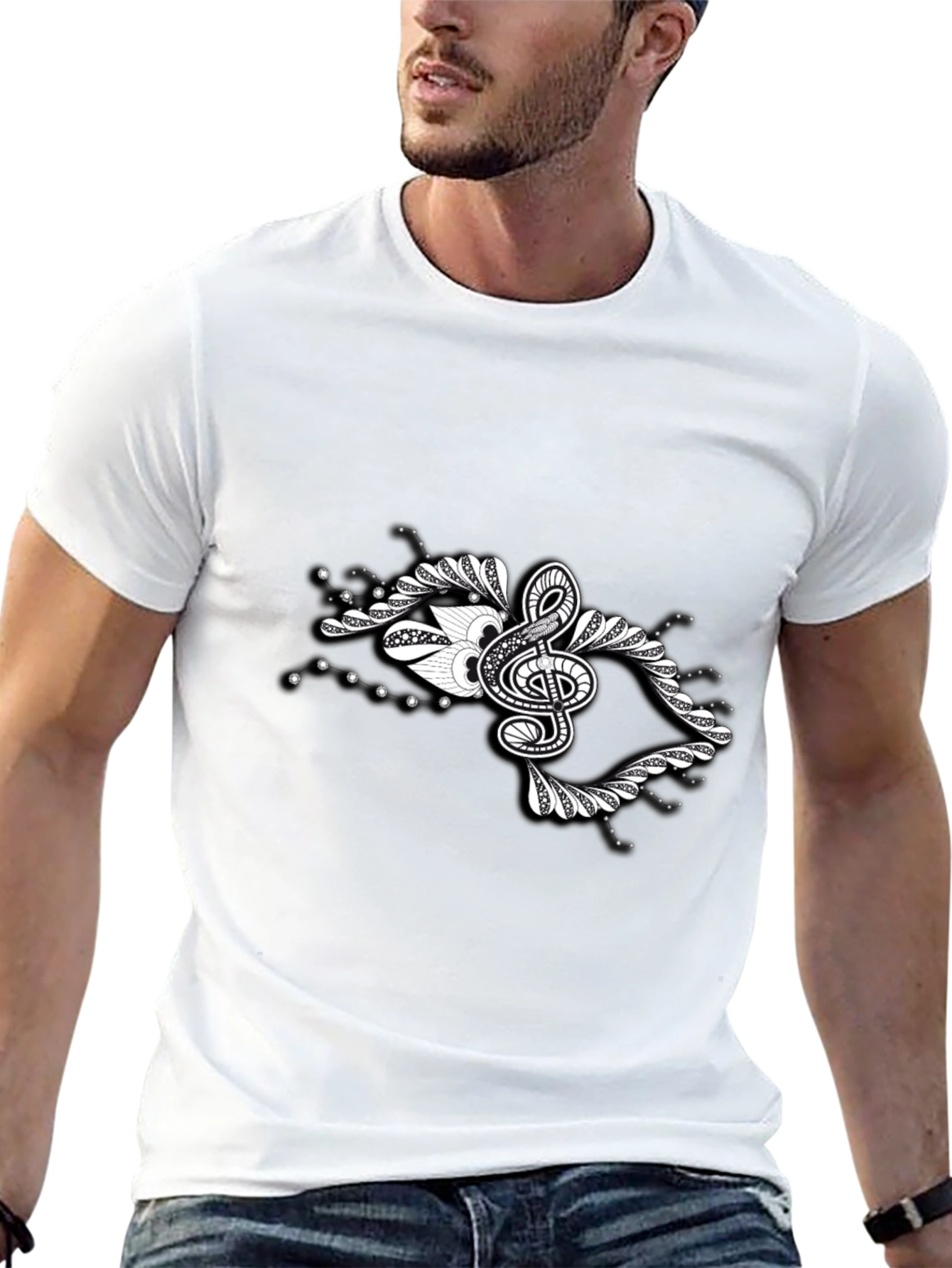 Stylish Black Tee with Music Note Graphic Design