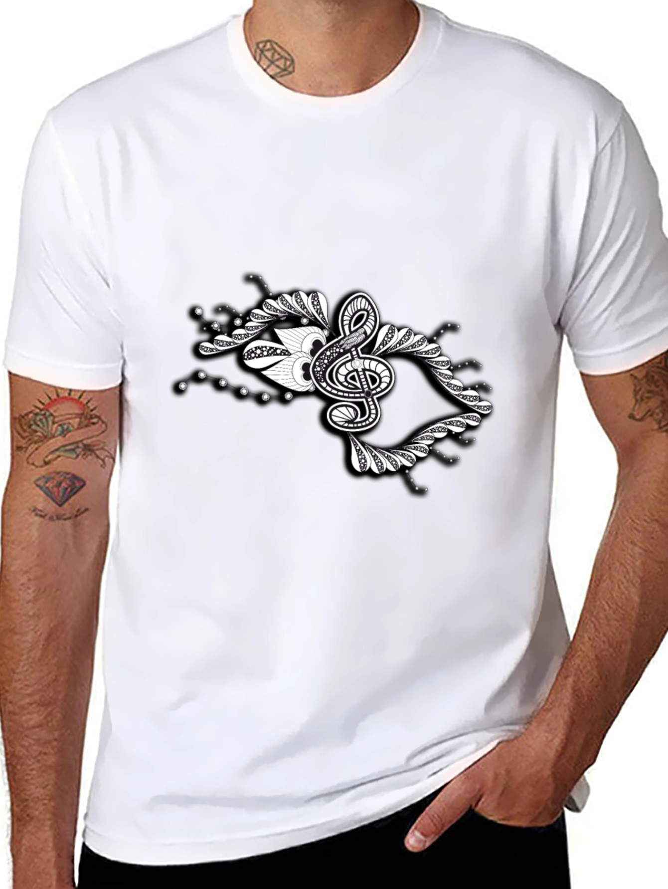Stylish Black Tee with Music Note Graphic Design