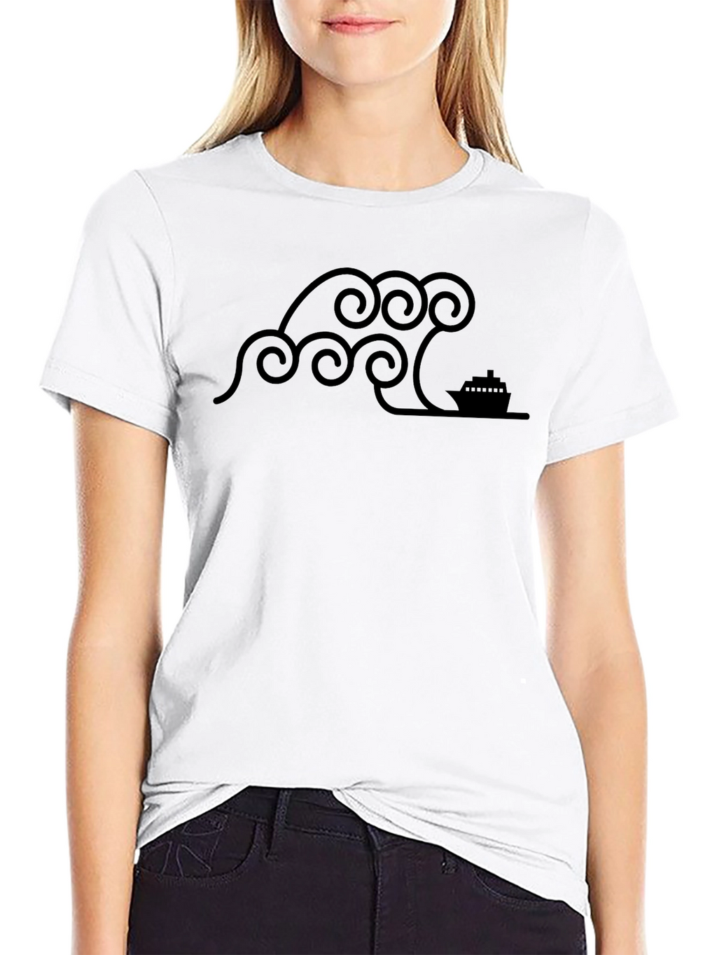 Stylized Wave & Boat Graphic Tee - Black