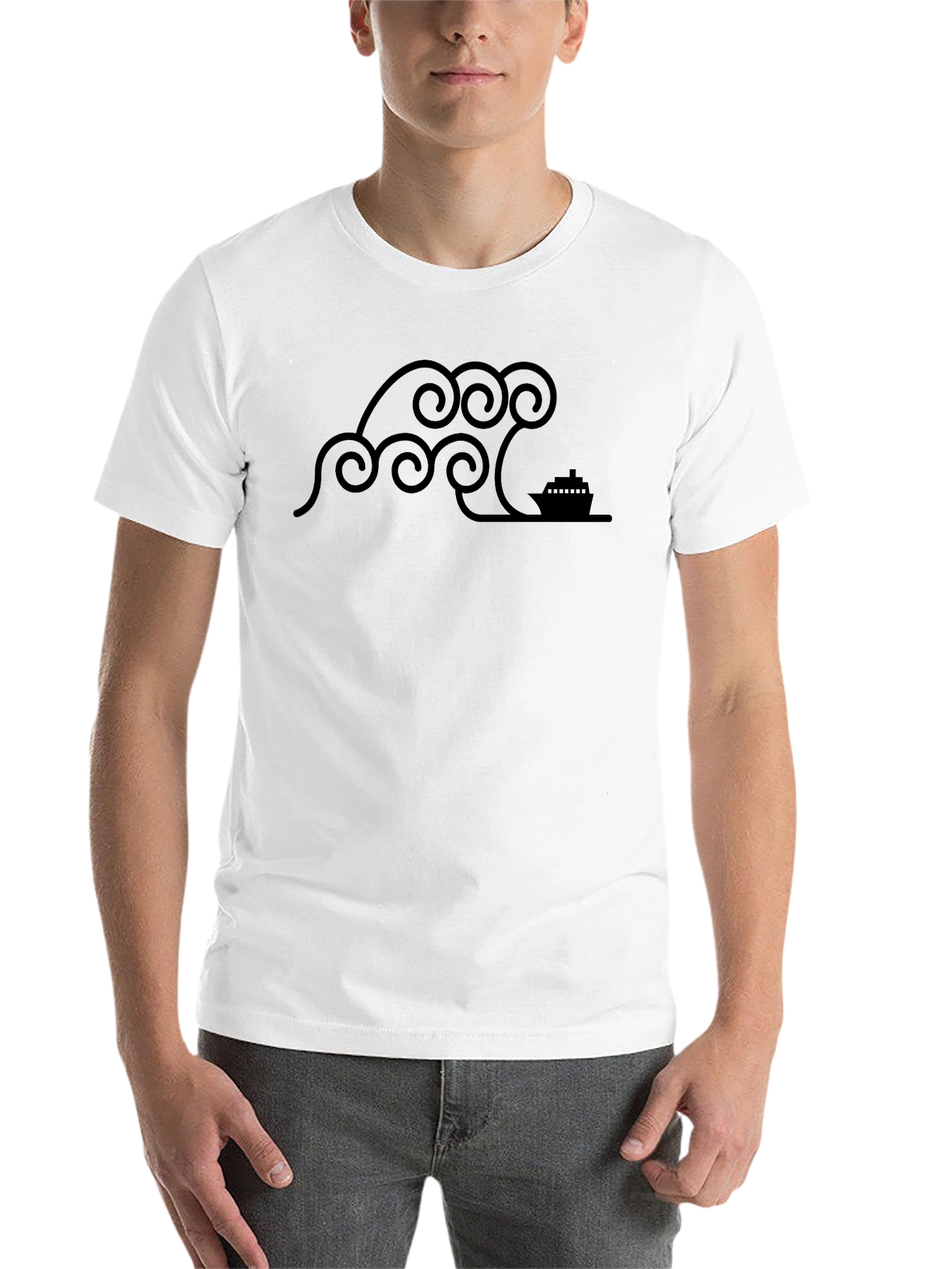 Stylized Wave & Boat Graphic Tee - Black