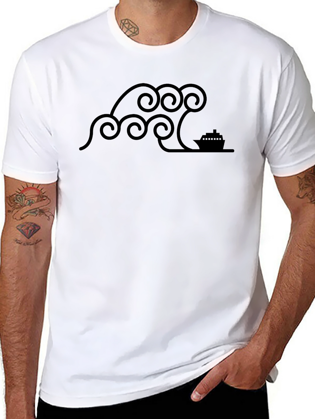 Stylized Wave & Boat Graphic Tee - Black