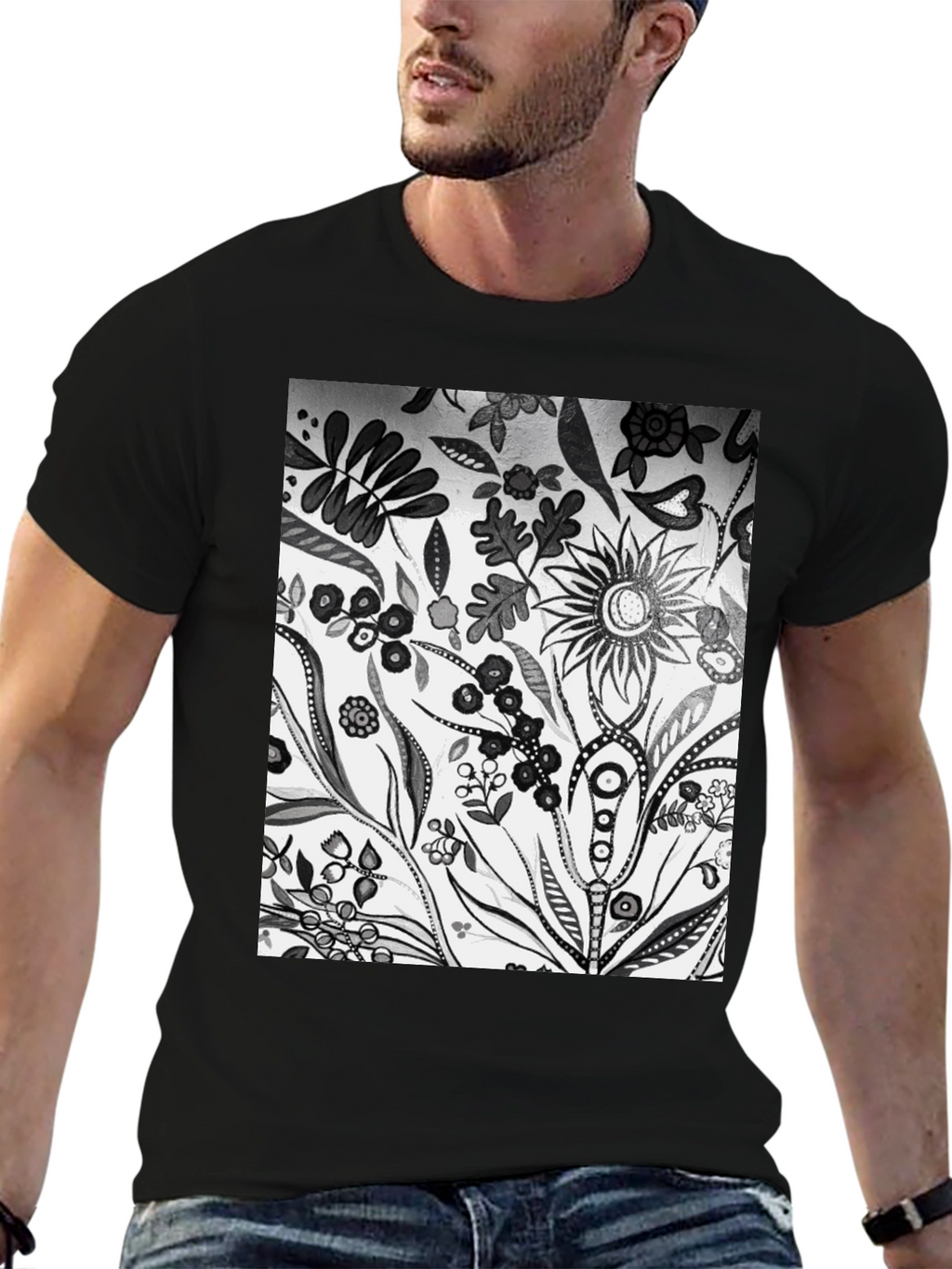 Floral Pattern Black Graphic Tee