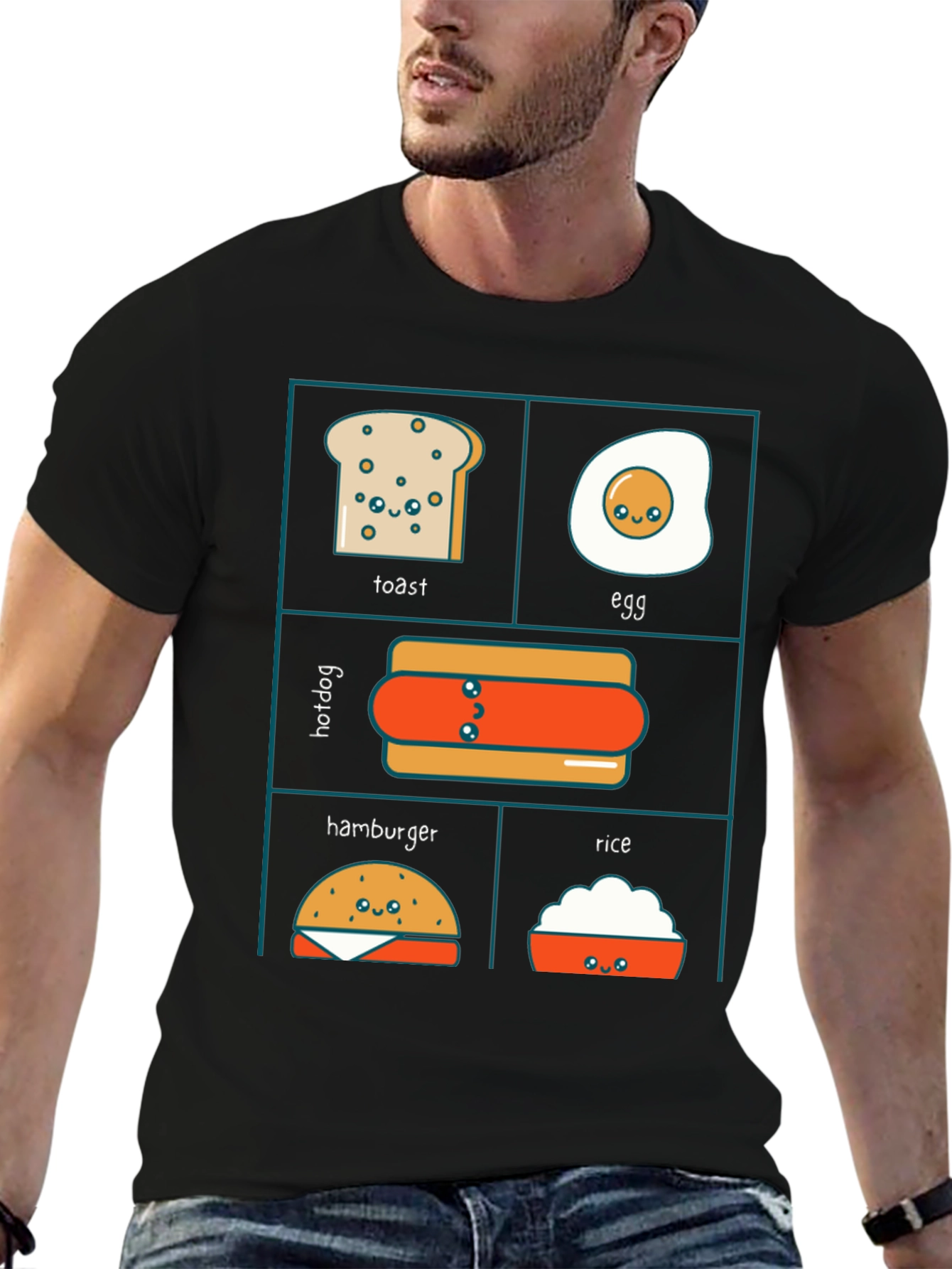 Kawaii Food T-Shirt: Toast Egg Hotdog Hamburger Rice