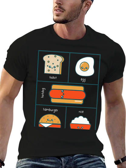 Kawaii Food T-Shirt: Toast Egg Hotdog Hamburger Rice