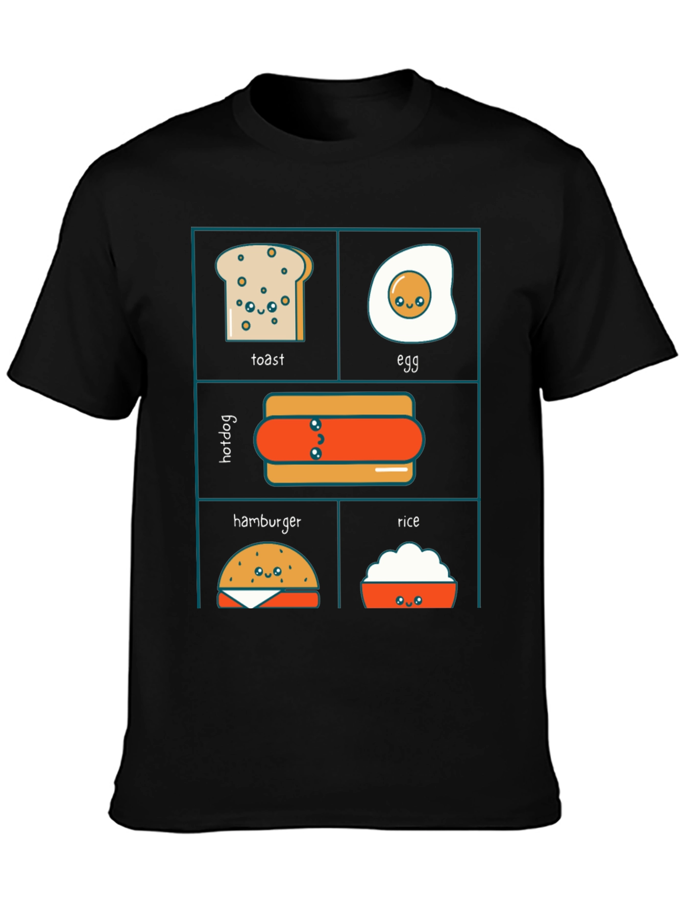 Kawaii Food T-Shirt: Toast Egg Hotdog Hamburger Rice