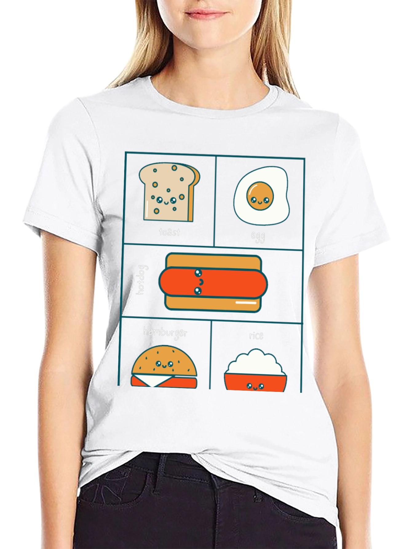 Kawaii Food T-Shirt: Toast Egg Hotdog Hamburger Rice