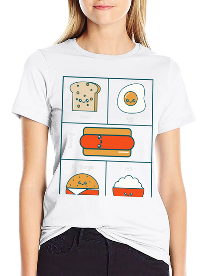 Kawaii Food T-Shirt: Toast Egg Hotdog Hamburger Rice