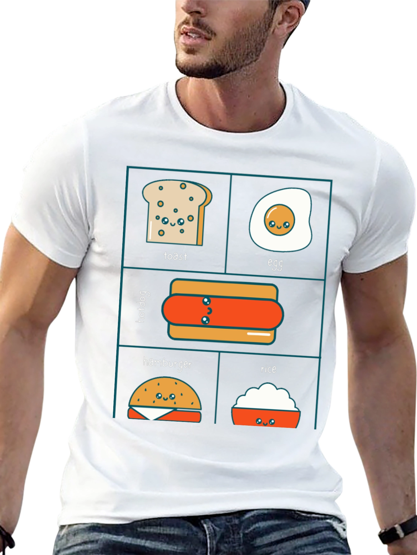 Kawaii Food T-Shirt: Toast Egg Hotdog Hamburger Rice