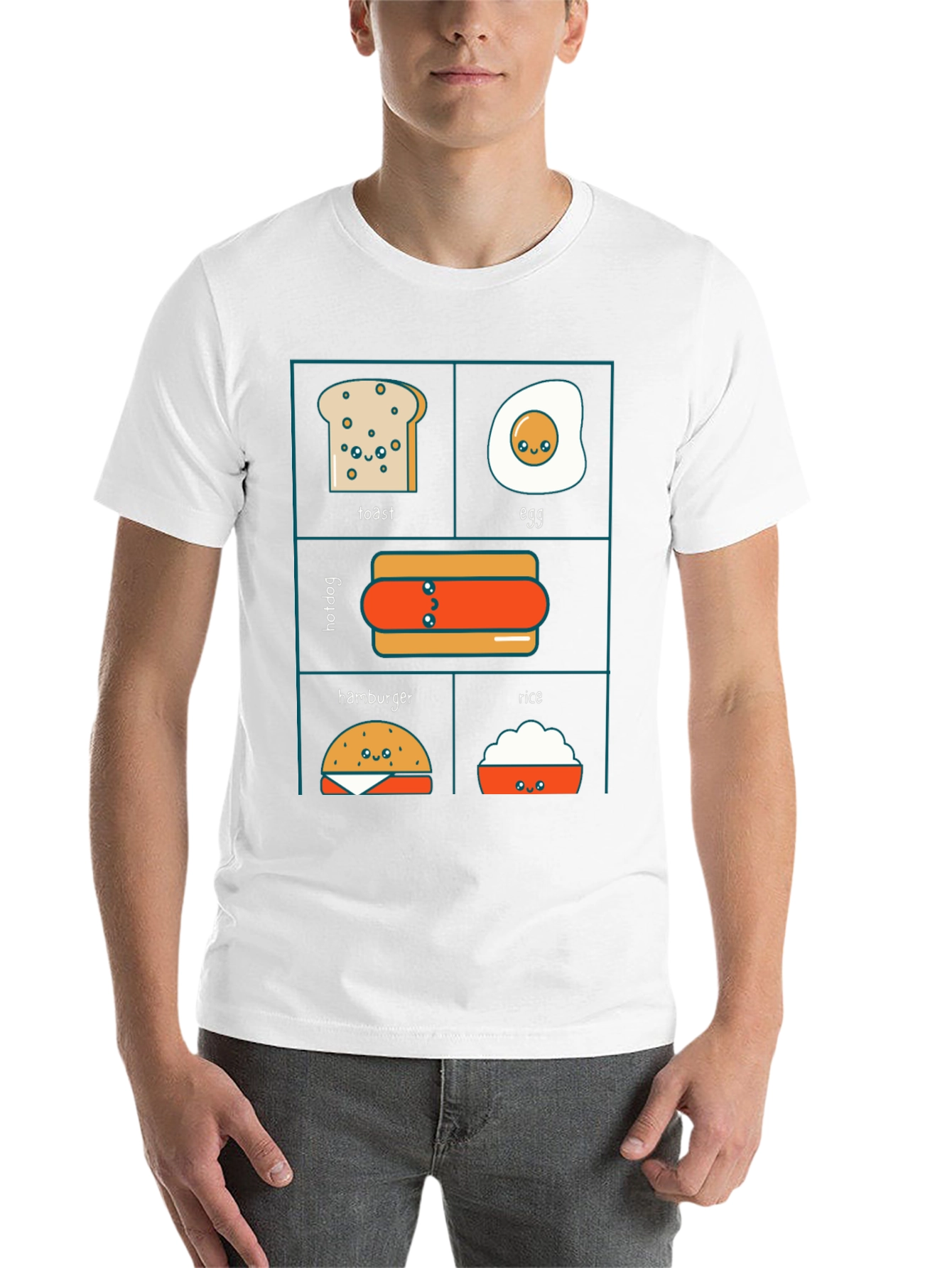 Kawaii Food T-Shirt: Toast Egg Hotdog Hamburger Rice