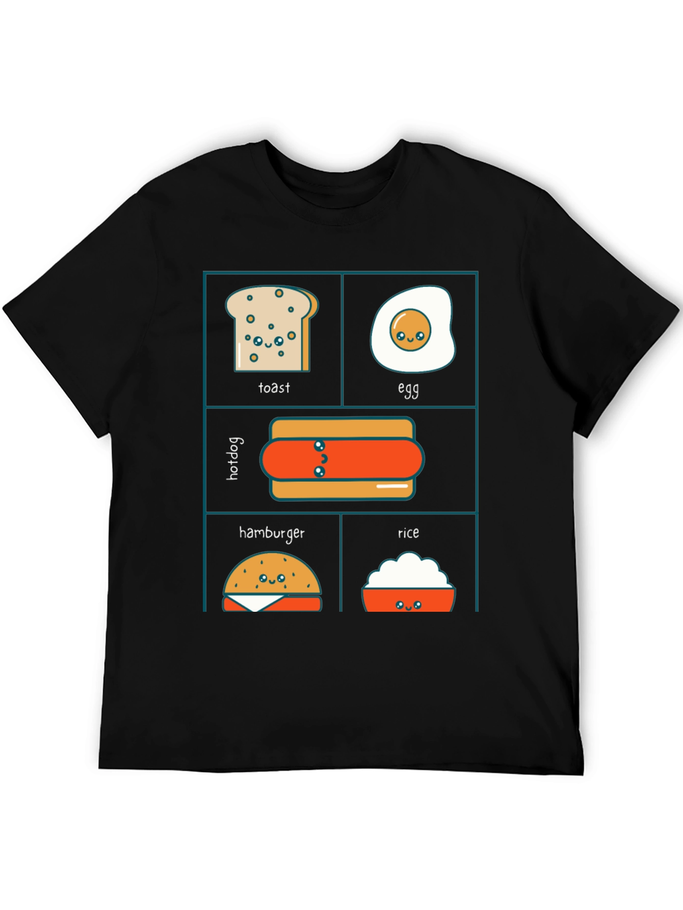 Kawaii Food T-Shirt: Toast Egg Hotdog Hamburger Rice
