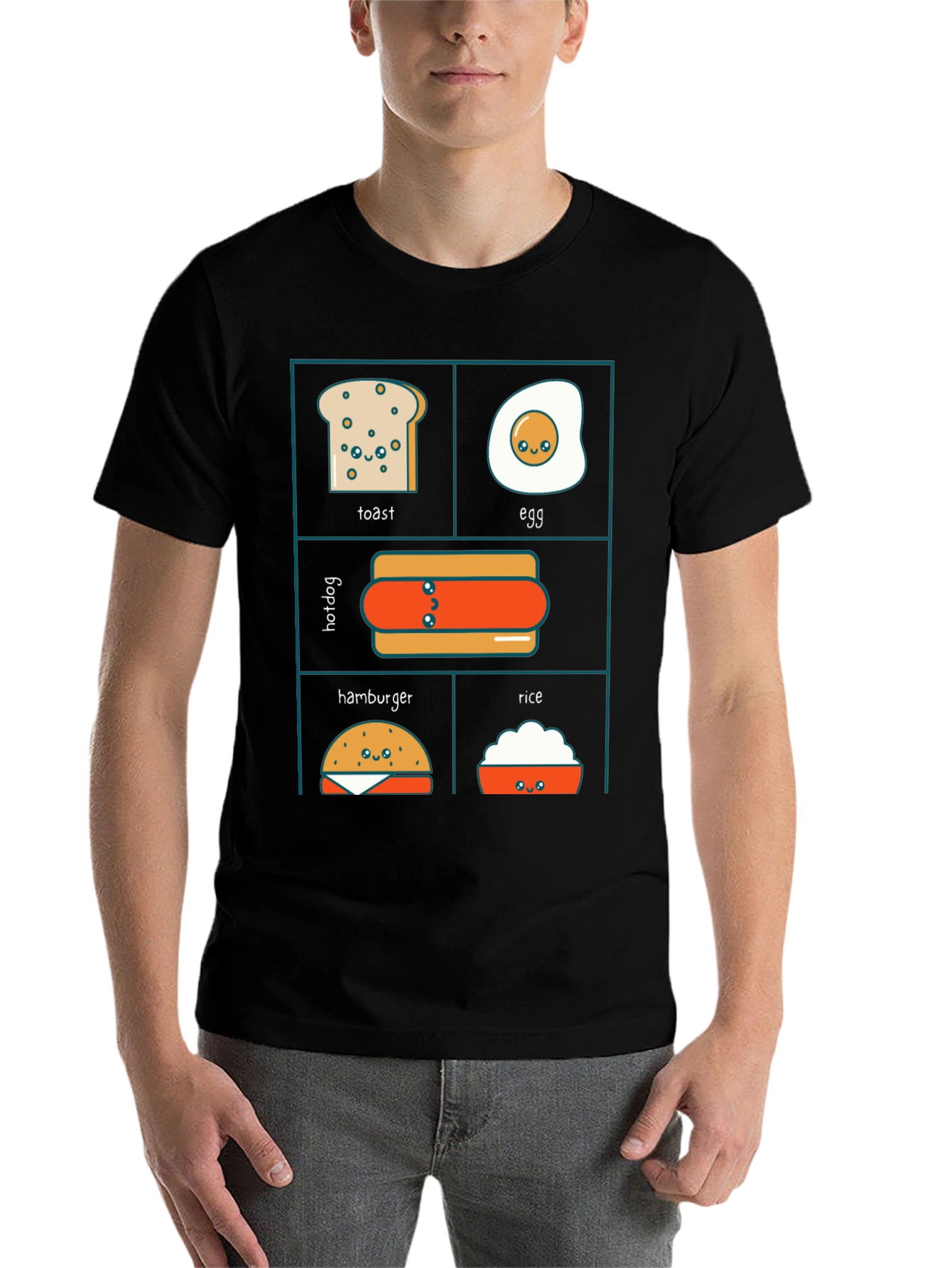Kawaii Food T-Shirt: Toast Egg Hotdog Hamburger Rice
