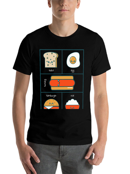 Kawaii Food T-Shirt: Toast Egg Hotdog Hamburger Rice