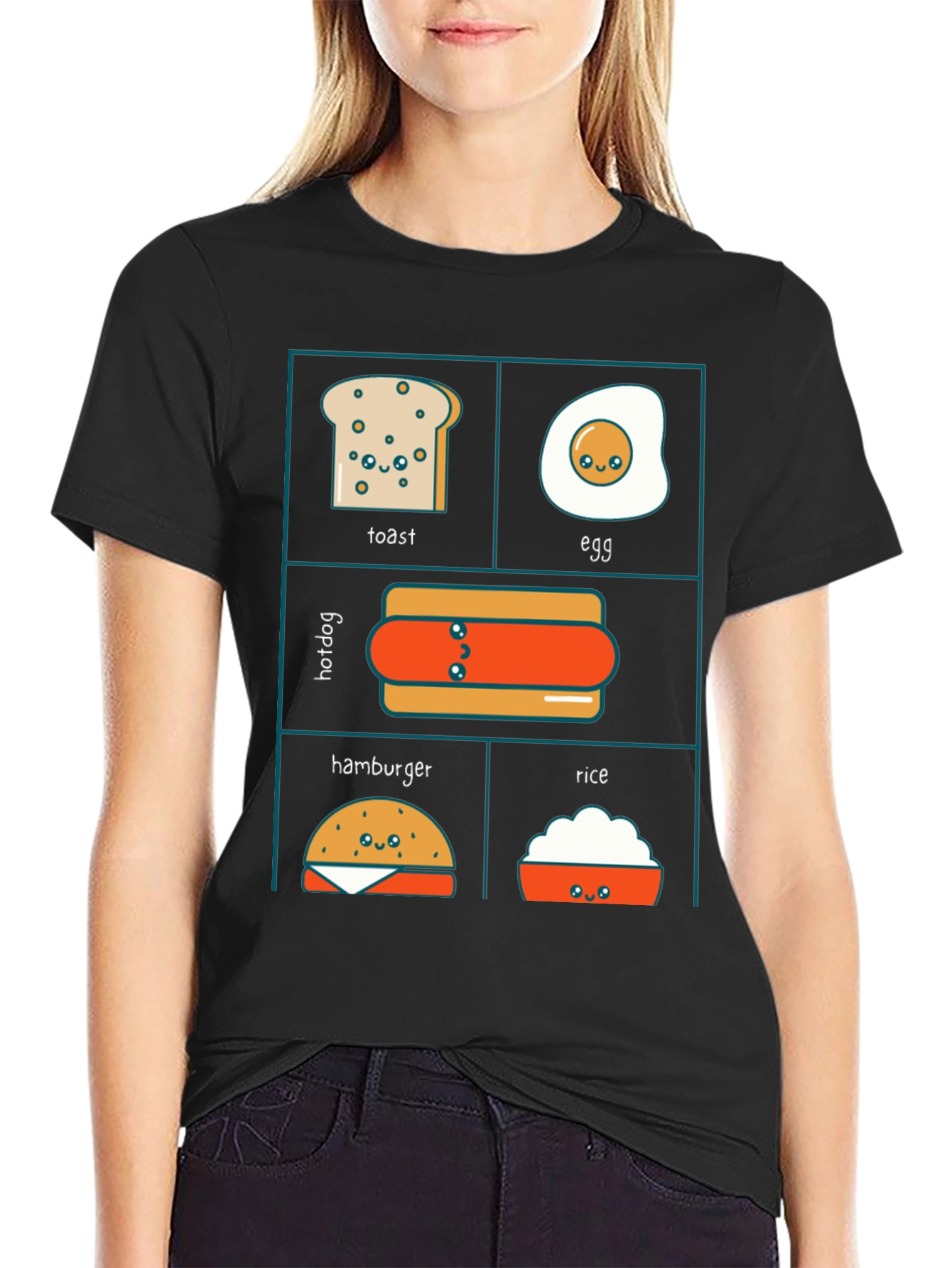 Kawaii Food T-Shirt: Toast Egg Hotdog Hamburger Rice