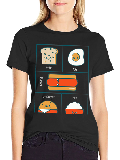 Kawaii Food T-Shirt: Toast Egg Hotdog Hamburger Rice