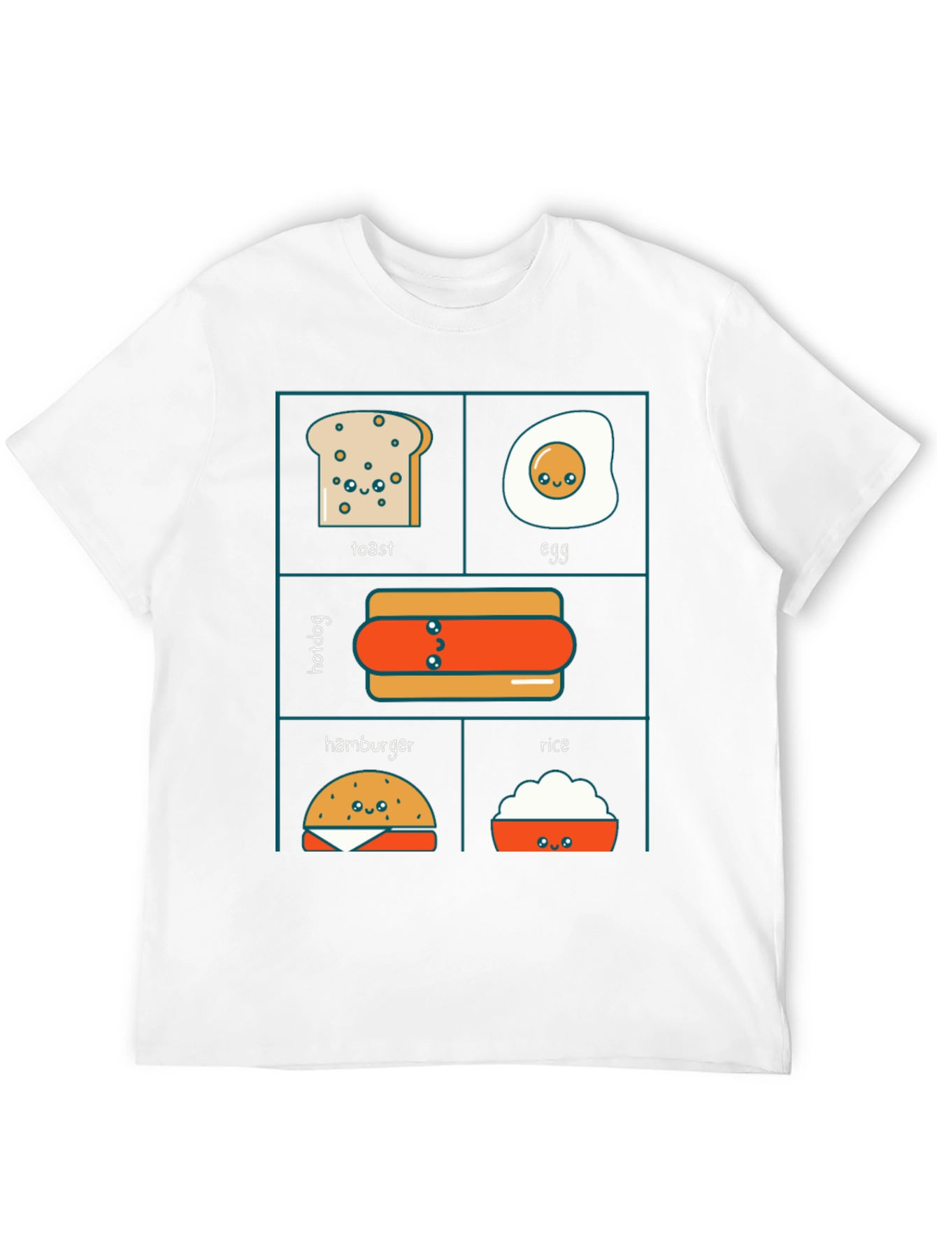 Kawaii Food T-Shirt: Toast Egg Hotdog Hamburger Rice