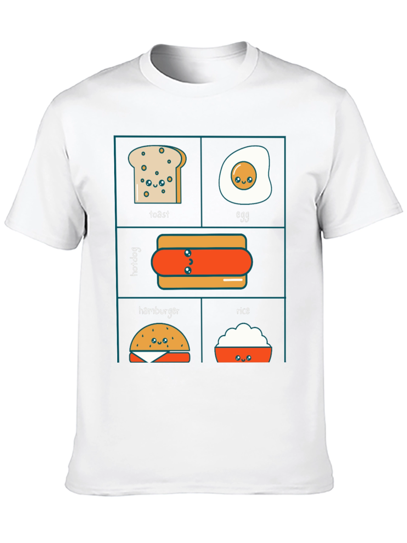 Kawaii Food T-Shirt: Toast Egg Hotdog Hamburger Rice