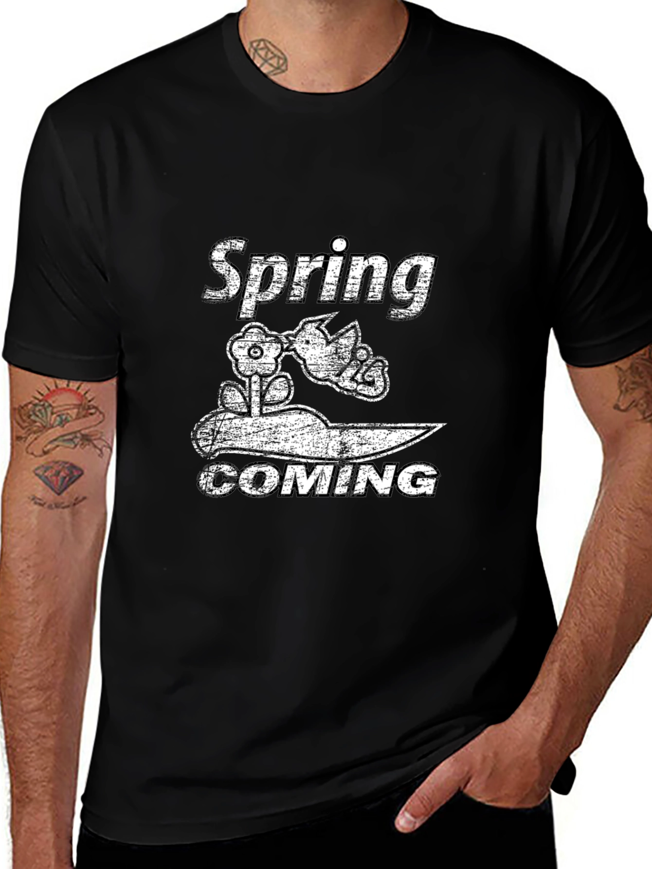 Spring Coming Graphic Black T-Shirt