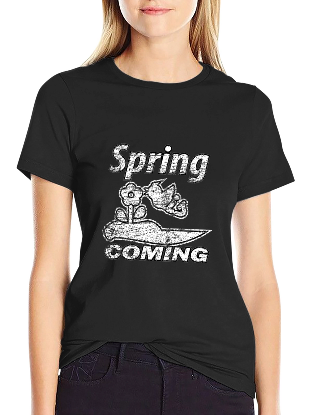 Spring Coming Graphic Black T-Shirt