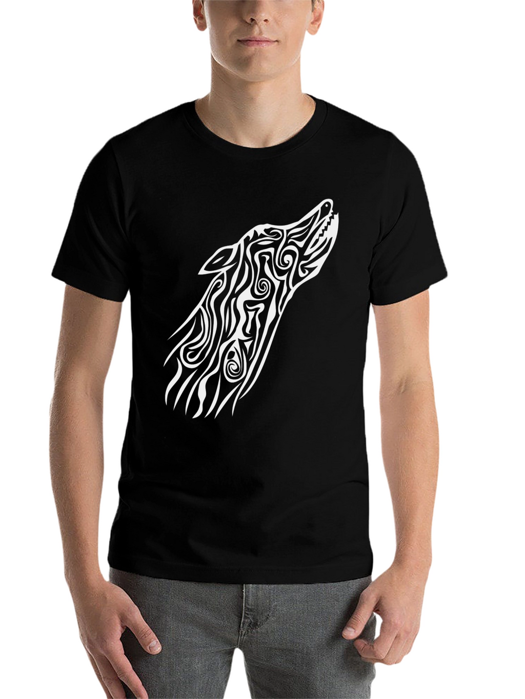 Tribal Wolf Graphic Tee - Black Cotton Blend