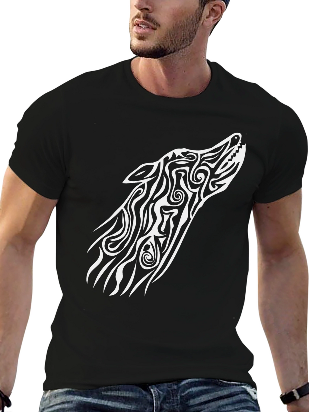 Tribal Wolf Graphic Tee - Black Cotton Blend