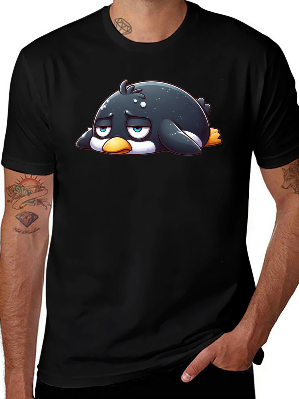 Sad Penguin Graphic Tee - Black Cotton Blend