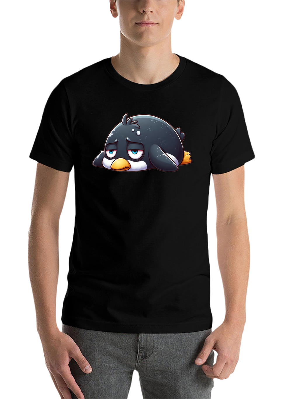 Sad Penguin Graphic Tee - Black Cotton Blend