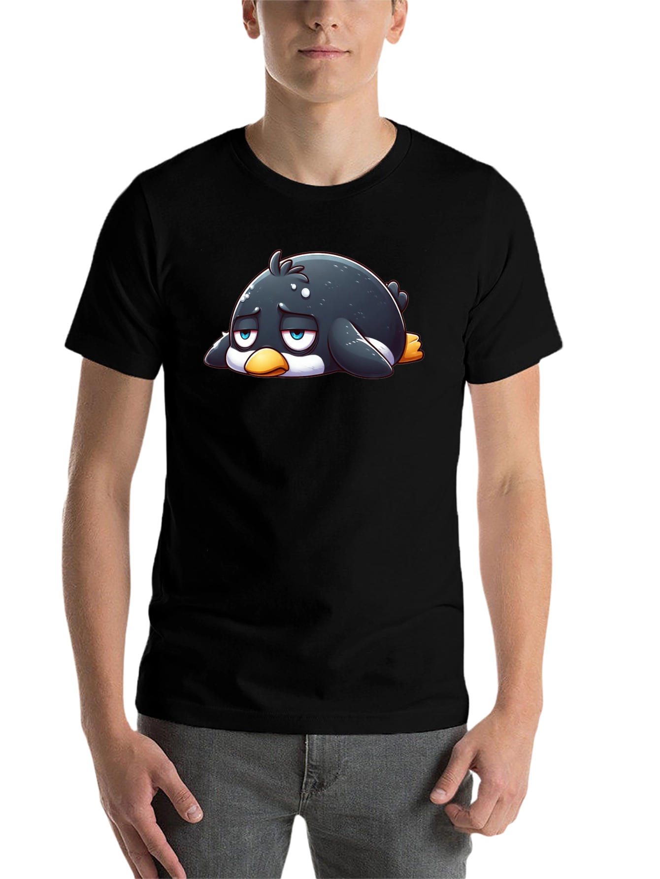 Sad Penguin Graphic Tee - Black Cotton Blend