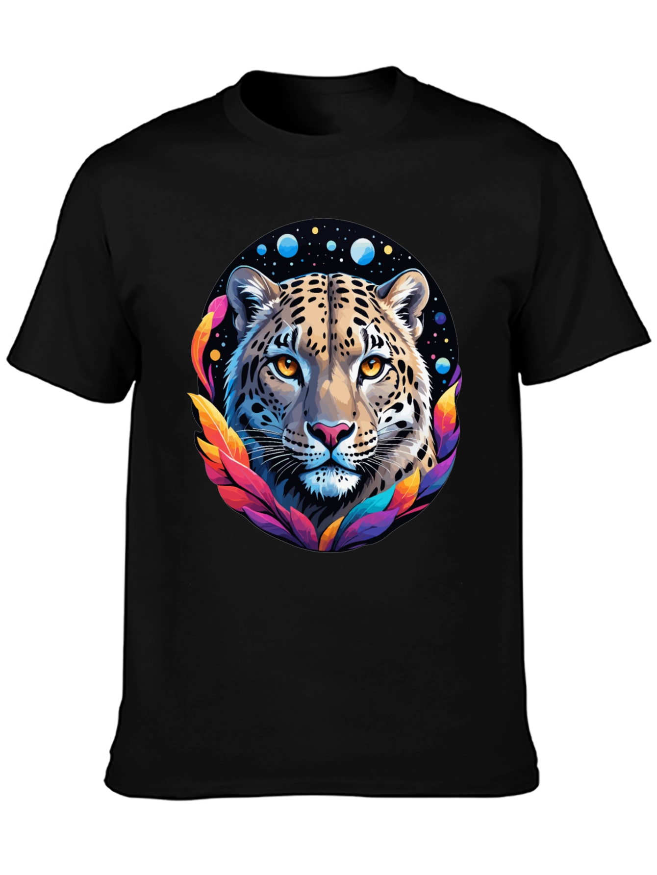 Leopard Galaxy Graphic Print Tee - Stylish Black T-Shirt