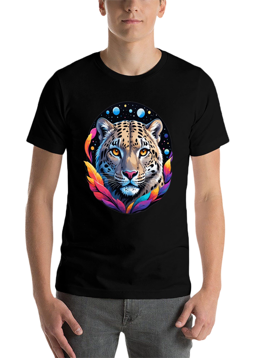Leopard Galaxy Graphic Print Tee - Stylish Black T-Shirt