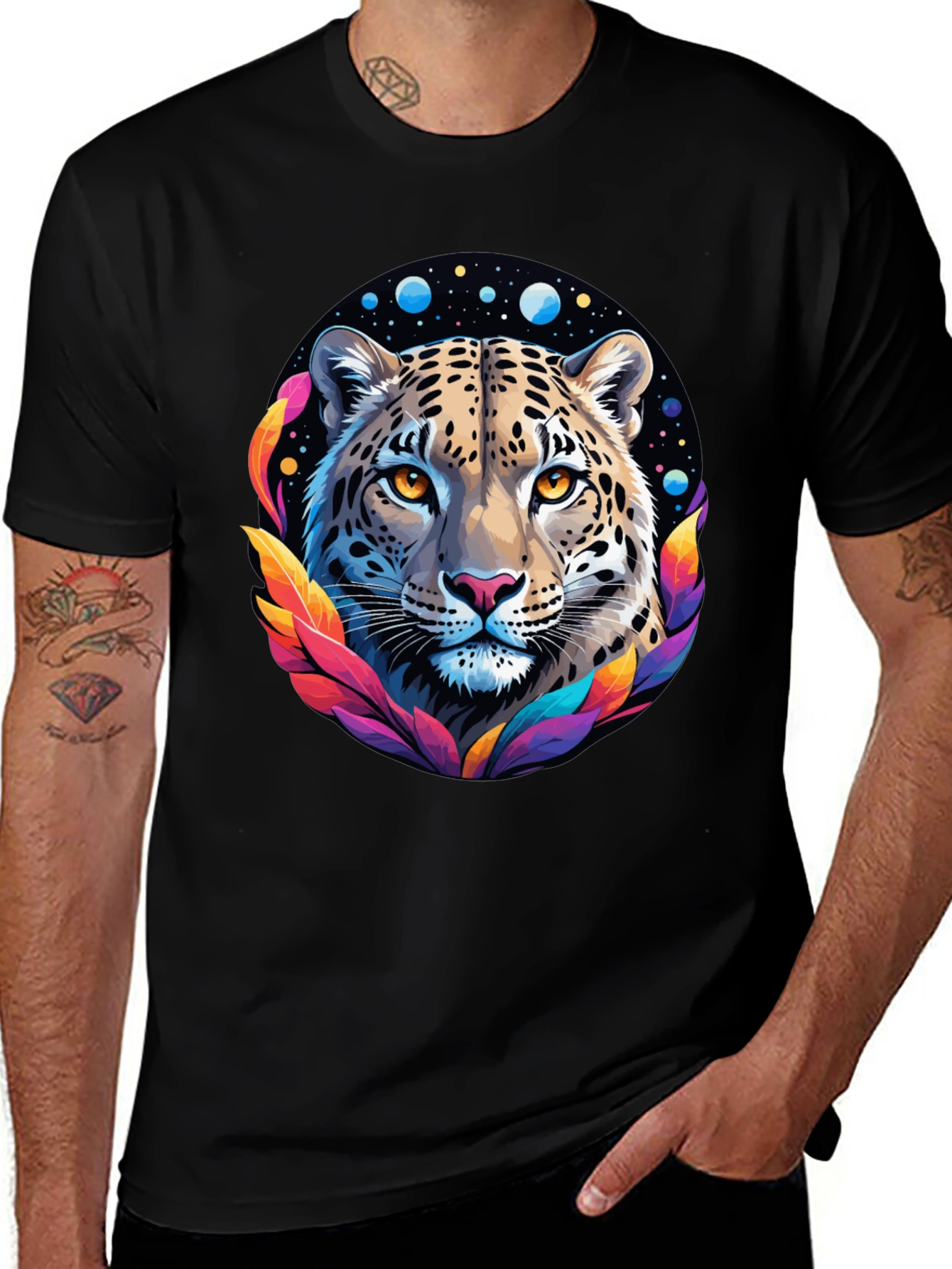 Leopard Galaxy Graphic Print Tee - Stylish Black T-Shirt